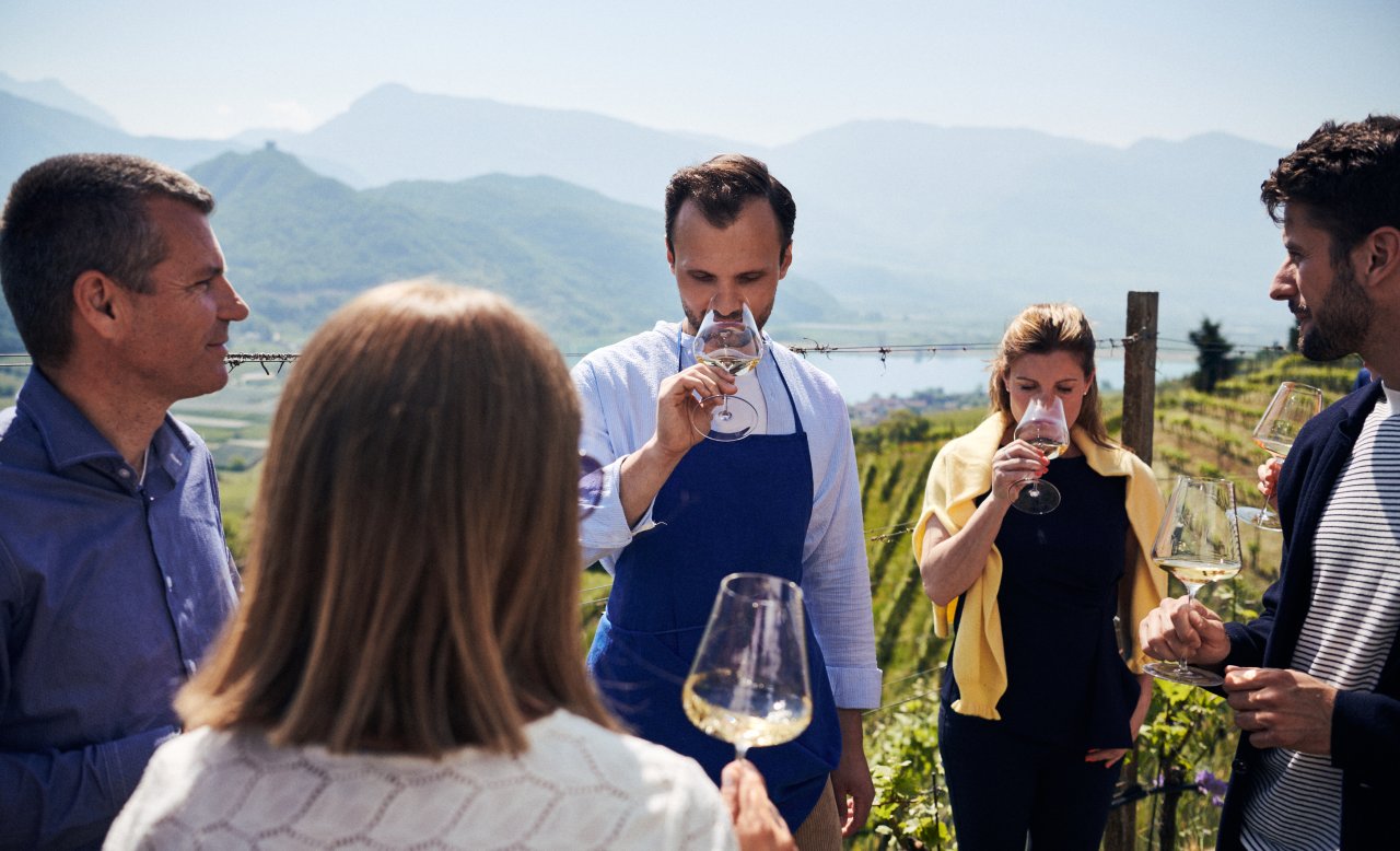 Gruppe von Menschen bei einer Weinverkostung inmitten der Weinberge in Südtirol